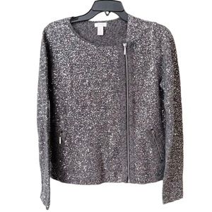 Chicos Festive Grey Sequin Asymmetrical Full Zip Sweater Top  Jacket